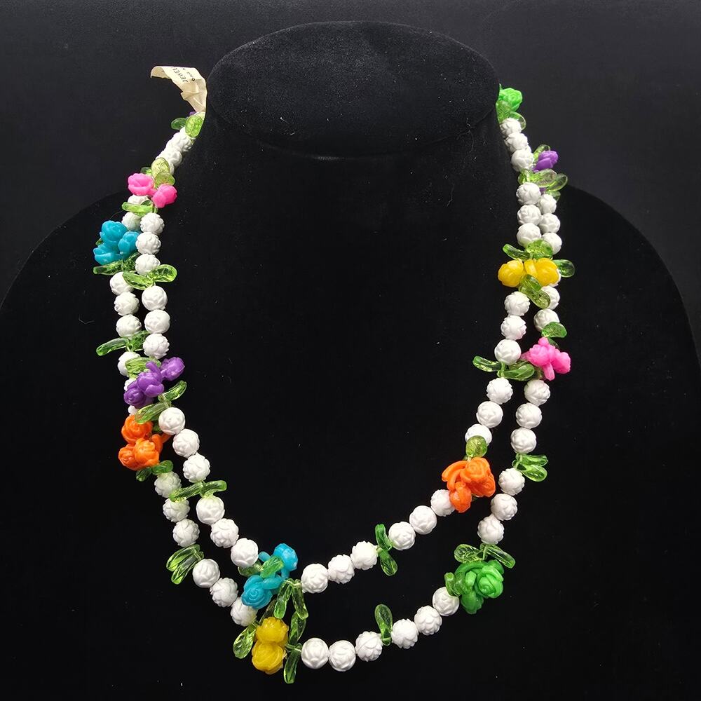 Vintage Colorful Floral Fruit Salad Necklace Plastic Beaded Made in Hong Kong